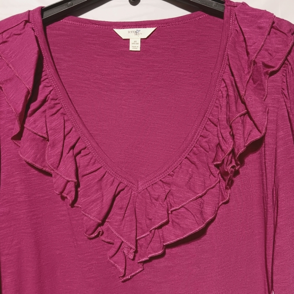 Terra & Sky NWT Women's V-neck Ruffle Tunic, Pink, Lightweight Long Sleeve - Picture 3 of 9